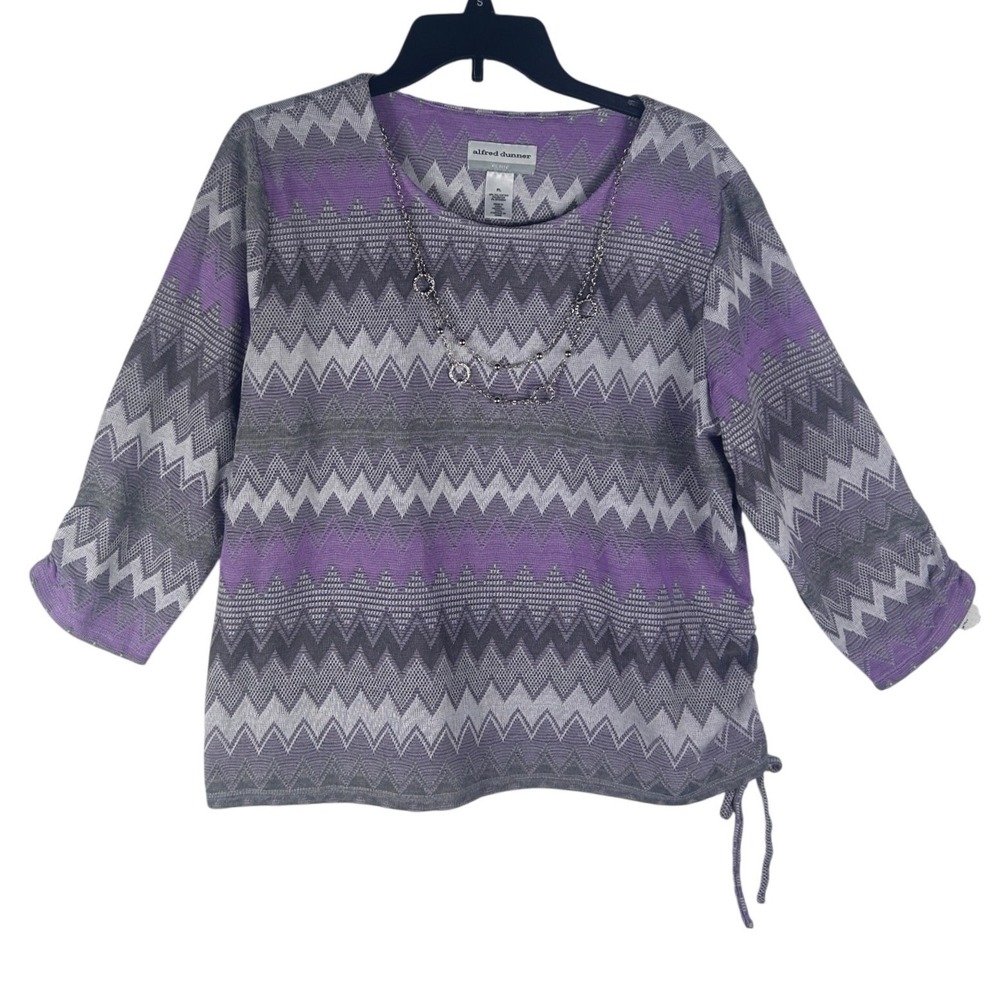 Alfred‎ Dunner Point of View Purple Chevron Knit Top with Necklace PL Petite NWT